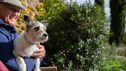 Visitors relaxing in the Mediterranean Garden with their dog at Beningbrough, North Yorkshire